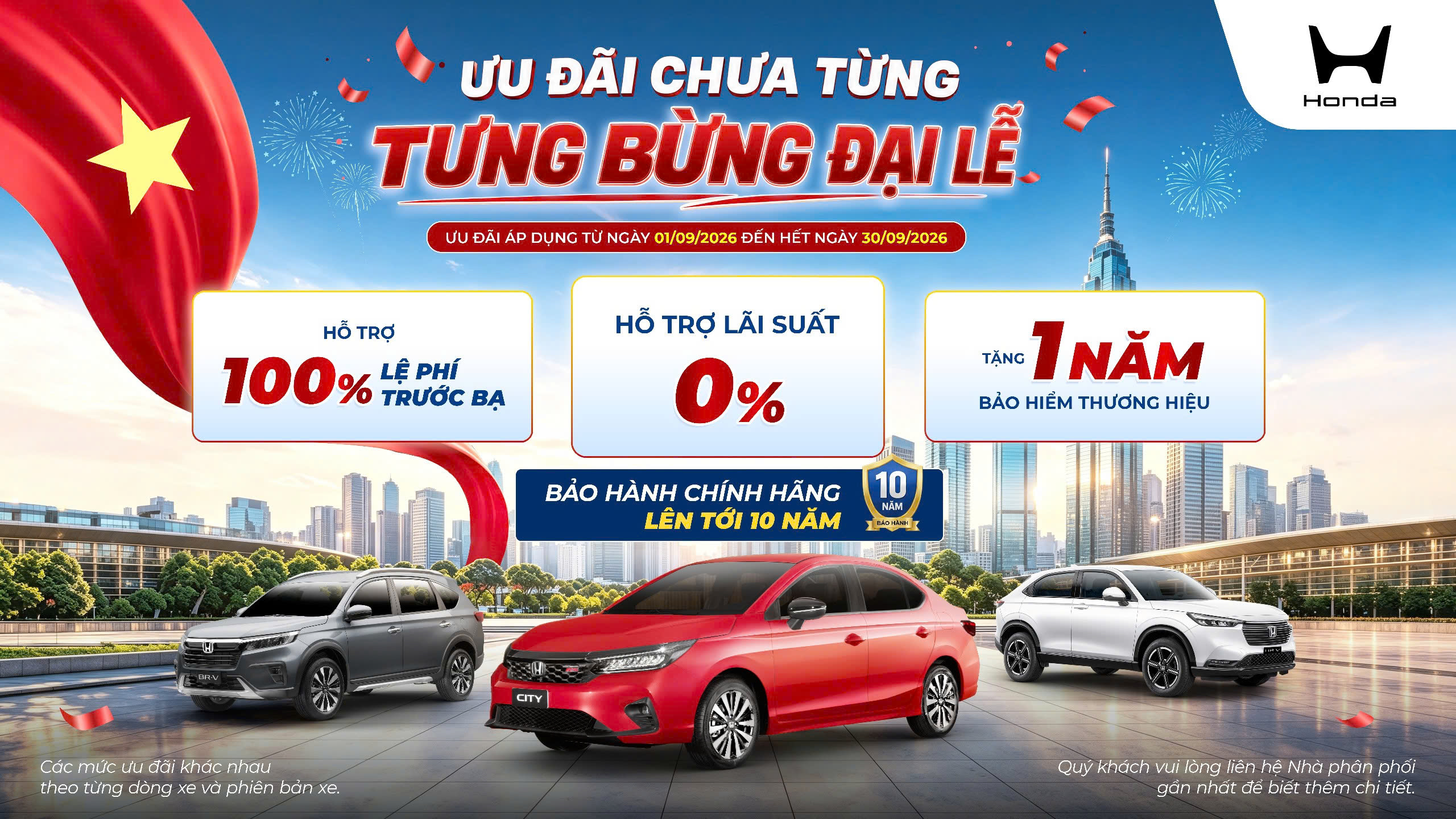 Banner khuyến mại ô tô Honda tháng 9/2026 với xe City, BR-V và HR-V